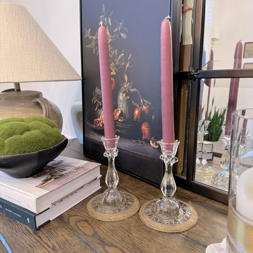 2/ Vintage Pressed Glass Candlestick Holder With Gold Trim. Circa 1959-1969